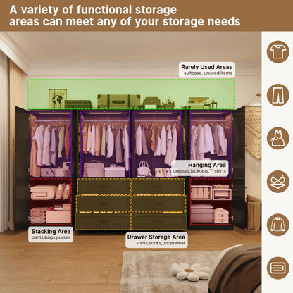 8 Doors Armoire Wardrobe Closet Freestanding with Sliding Door & Lights | Brown | Chartustriable