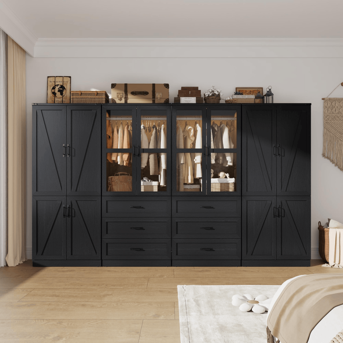 8 Doors Armoire Wardrobe Closet Freestanding with Sliding Door & Lights | Brown | Chartustriable