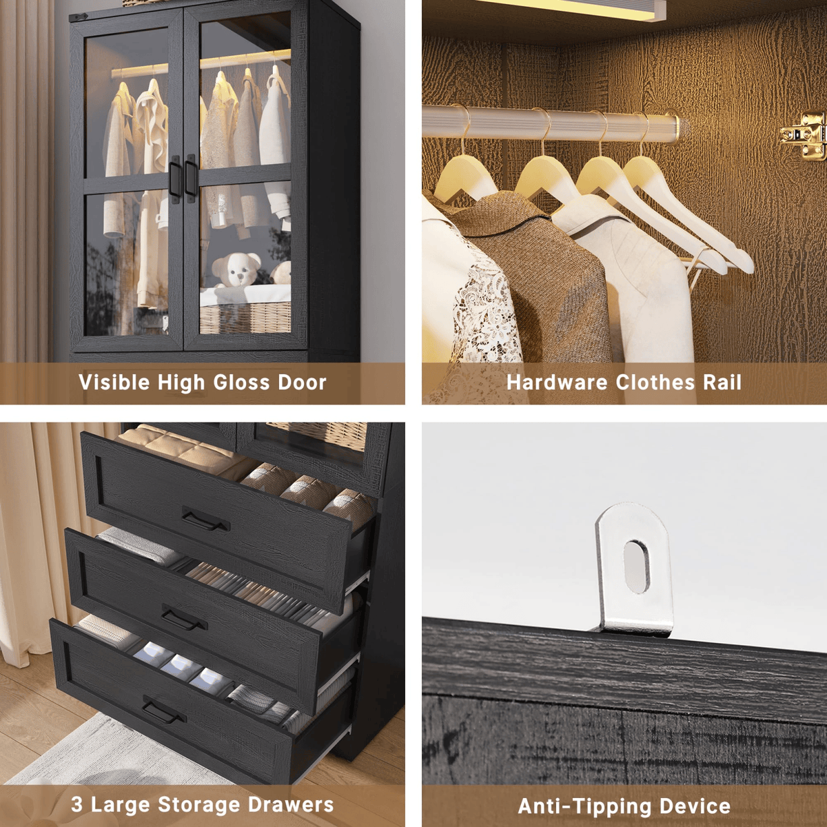 8 Doors Armoire Wardrobe Closet Freestanding with Sliding Door & Lights | Brown | Chartustriable