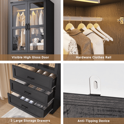 8 Doors Armoire Wardrobe Closet Freestanding with Sliding Door & Lights | Brown | Chartustriable