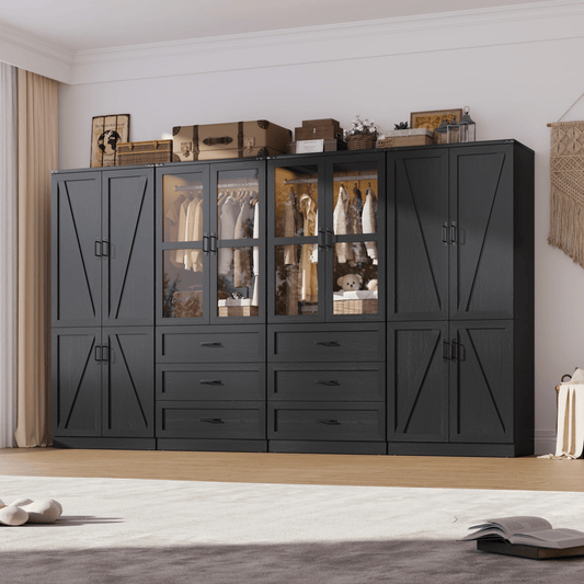 8 Doors Armoire Wardrobe Closet Freestanding with Sliding Door & Lights | Brown | Chartustriable