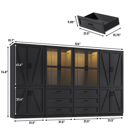8 Doors Armoire Wardrobe Closet Freestanding with Sliding Door & Lights | Brown | Chartustriable