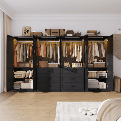 8 Doors Armoire Wardrobe Closet Freestanding with Sliding Door & Lights | Brown | Chartustriable