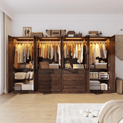 8 Doors Armoire Wardrobe Closet Freestanding with Sliding Door & Lights | Brown | Chartustriable
