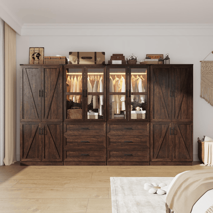 8 Doors Armoire Wardrobe Closet Freestanding with Sliding Door & Lights | Brown | Chartustriable