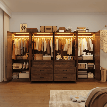 8 Doors Armoire Wardrobe Closet Freestanding with Sliding Door & Lights | Brown | Chartustriable