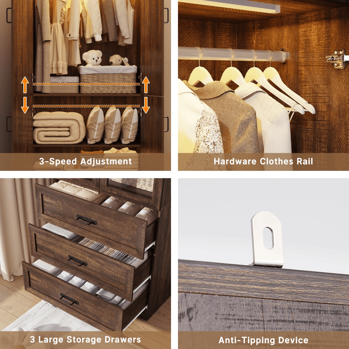 8 Doors Armoire Wardrobe Closet Freestanding with Sliding Door & Lights | Brown | Chartustriable