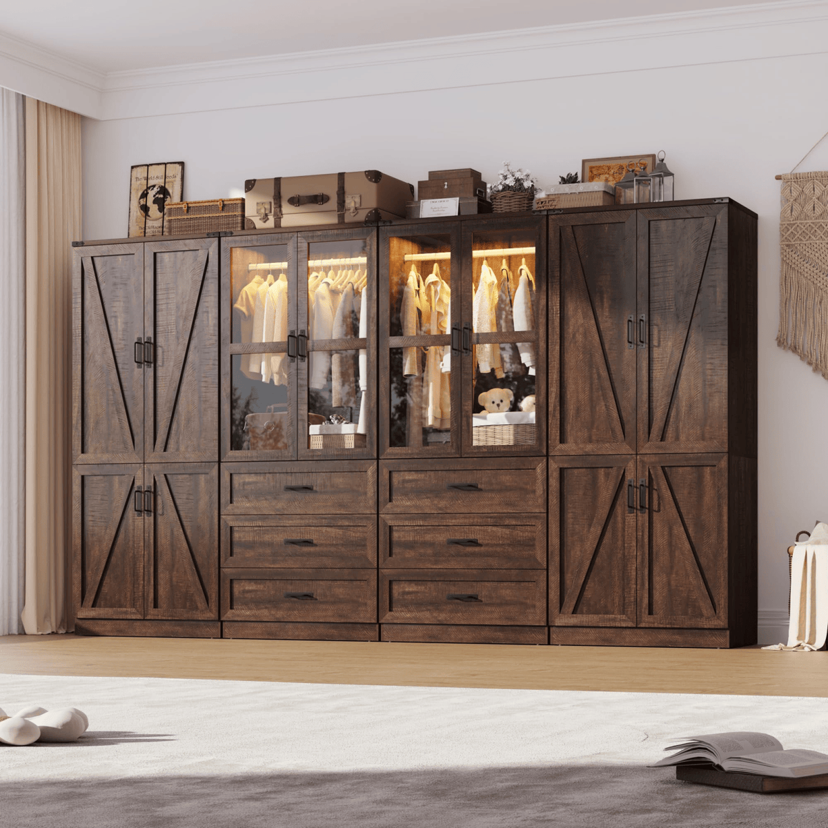 8 Doors Armoire Wardrobe Closet Freestanding with Sliding Door & Lights | Brown | Chartustriable