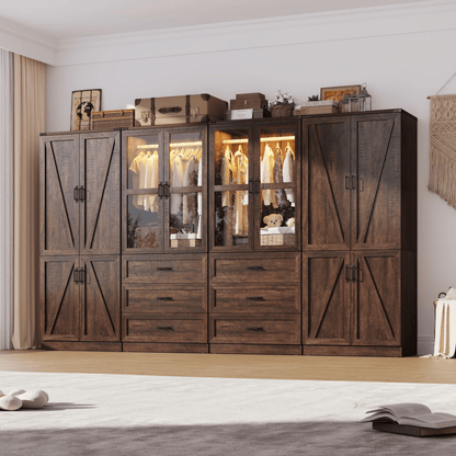 8 Doors Armoire Wardrobe Closet Freestanding with Sliding Door & Lights | Brown | Chartustriable