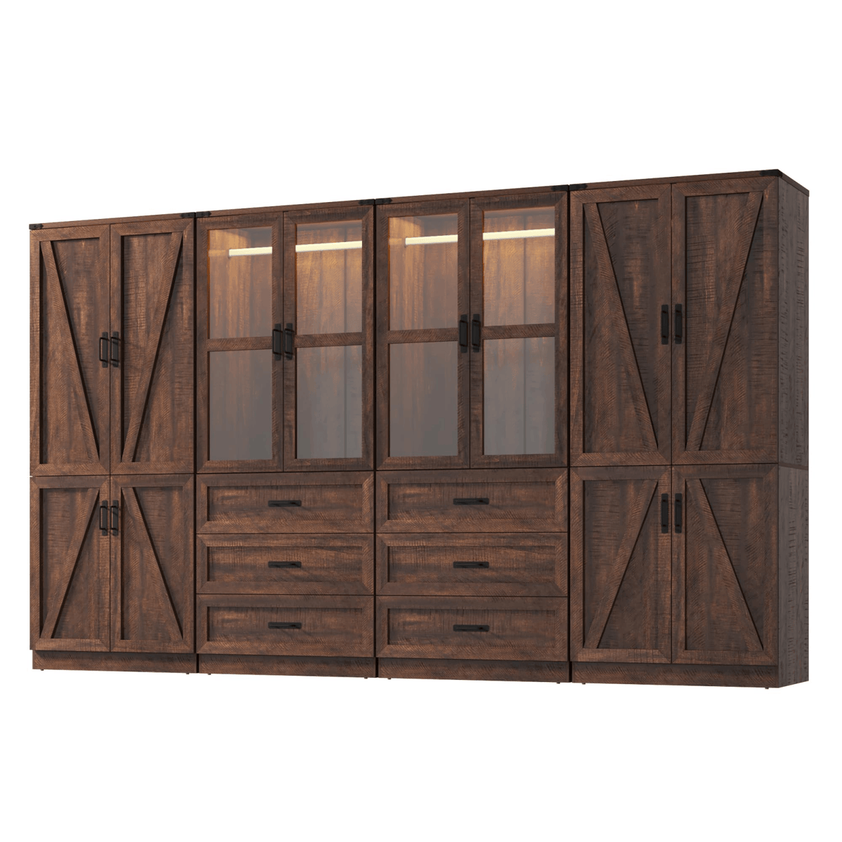 8 Doors Armoire Wardrobe Closet Freestanding with Sliding Door & Lights | Brown | Chartustriable