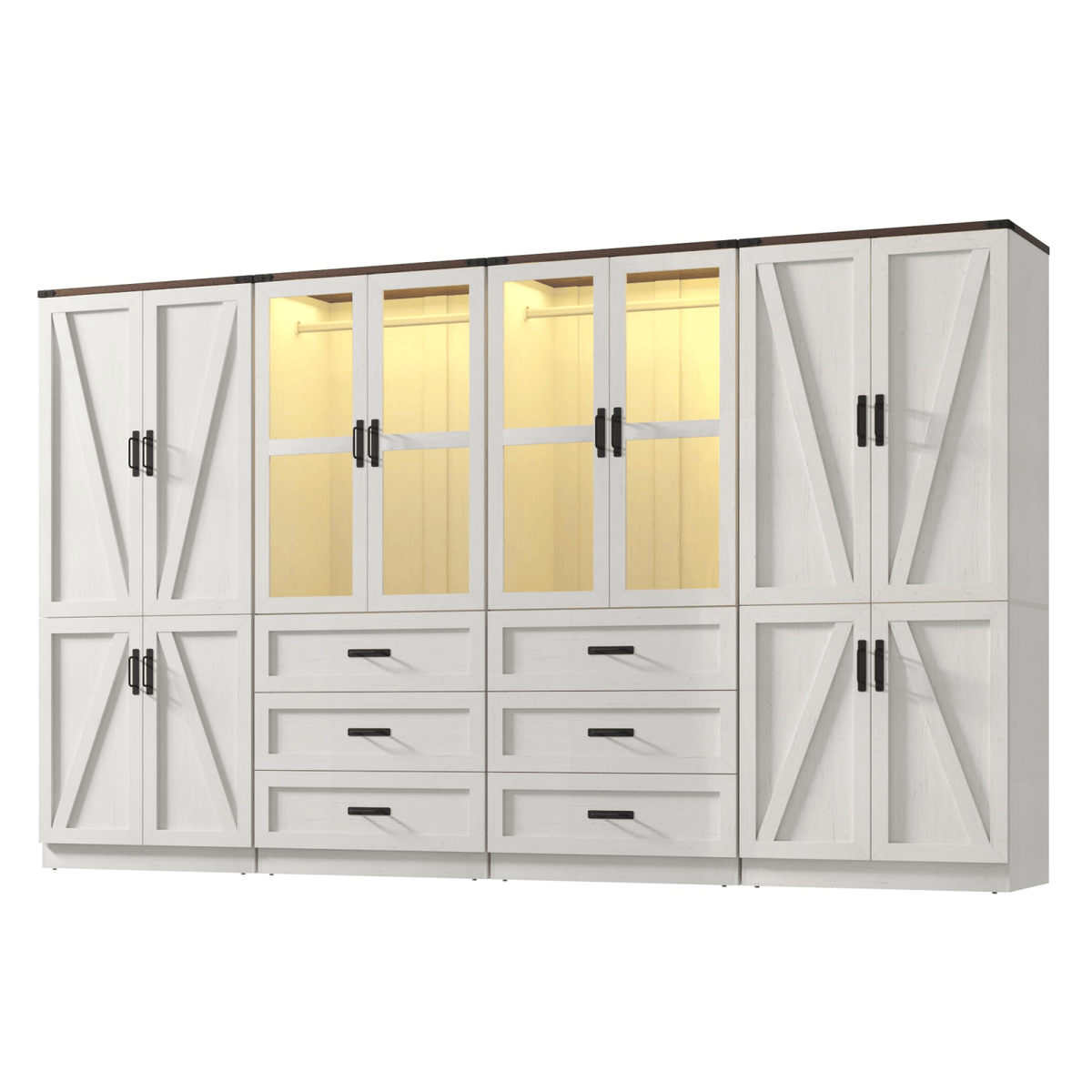 8 Doors Armoire Wardrobe Closet Freestanding with Sliding Door & Lights | Brown | Chartustriable
