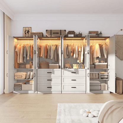 8 Doors Armoire Wardrobe Closet Freestanding with Sliding Door & Lights | Brown | Chartustriable