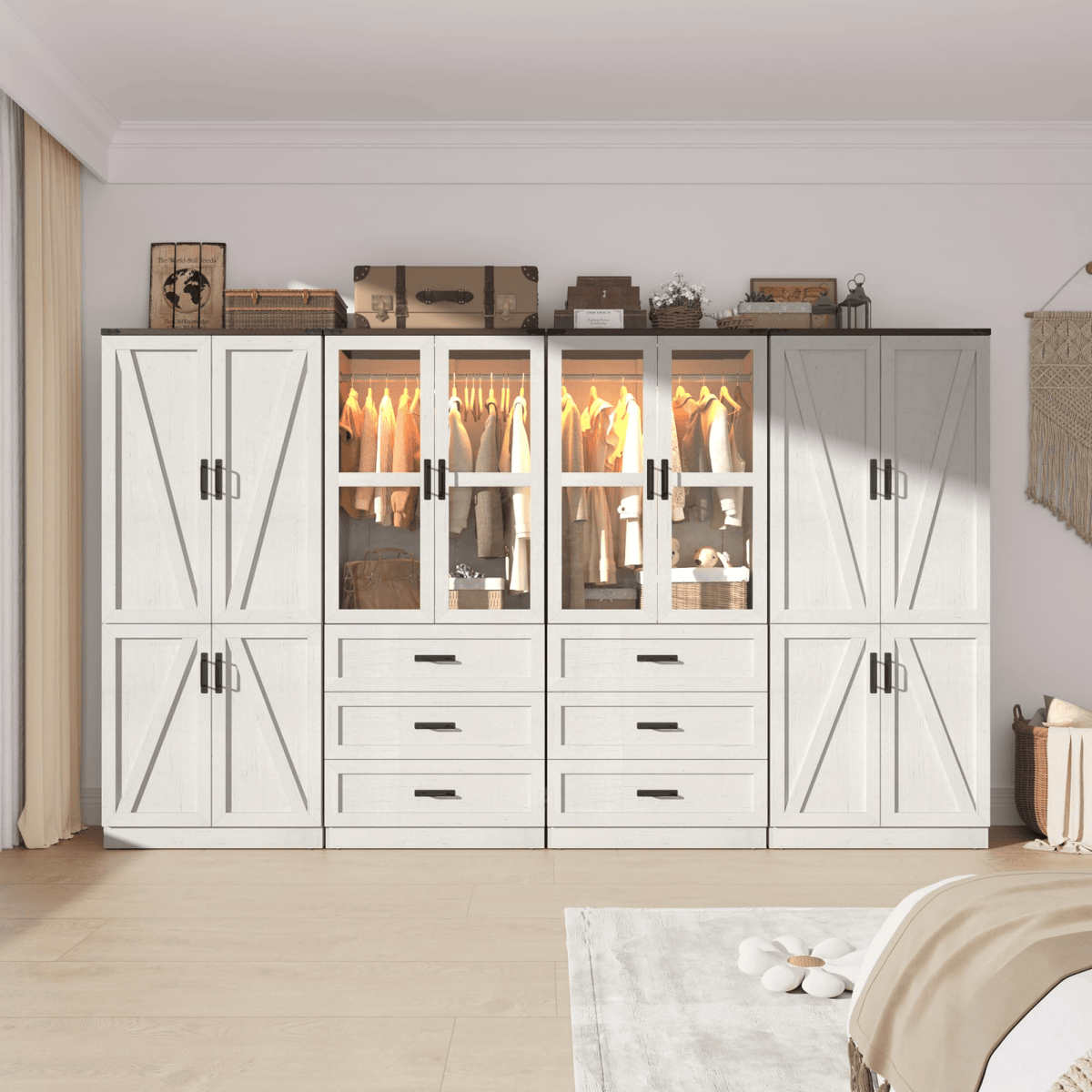 8 Doors Armoire Wardrobe Closet Freestanding with Sliding Door & Lights | Brown | Chartustriable