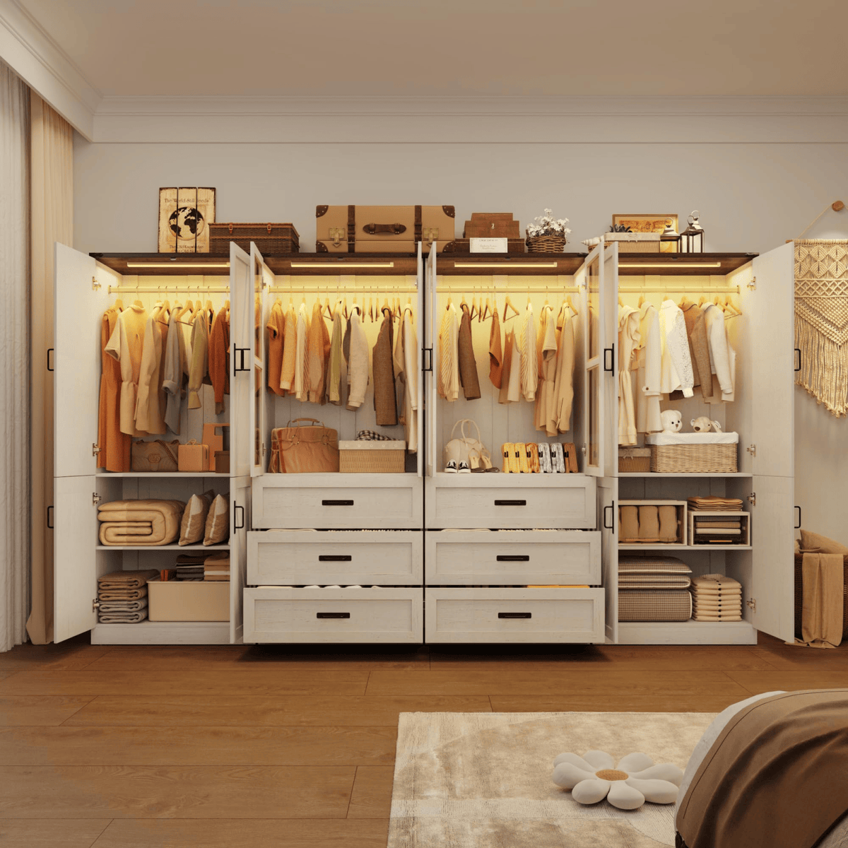 8 Doors Armoire Wardrobe Closet Freestanding with Sliding Door & Lights | Brown | Chartustriable