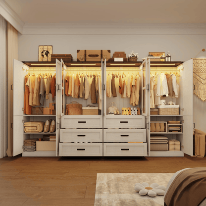 8 Doors Armoire Wardrobe Closet Freestanding with Sliding Door & Lights | Brown | Chartustriable