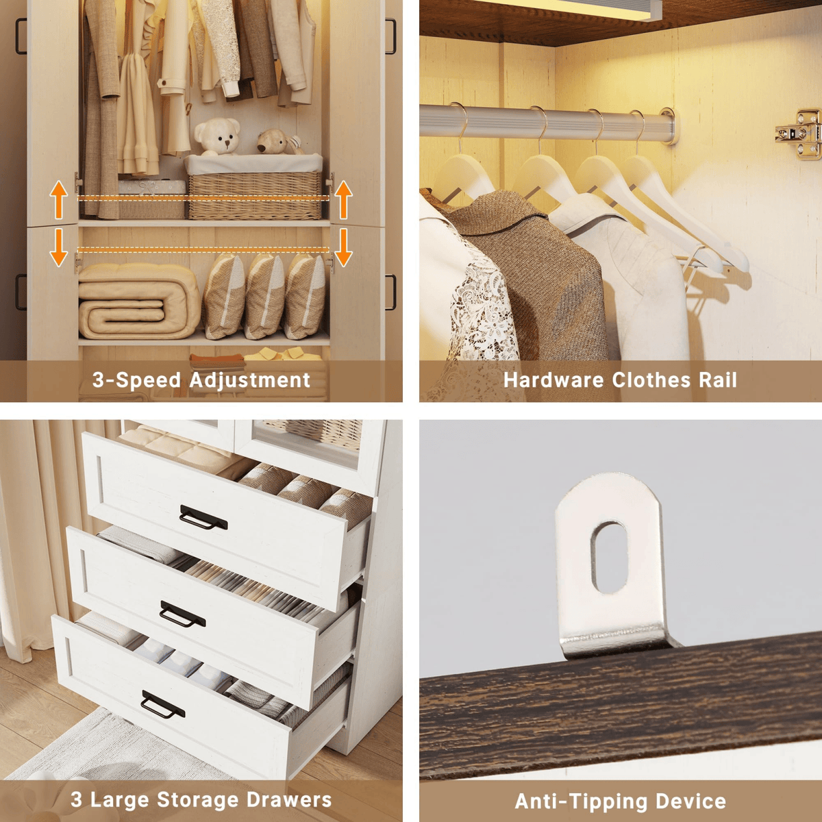 8 Doors Armoire Wardrobe Closet Freestanding with Sliding Door & Lights | Brown | Chartustriable