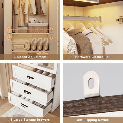8 Doors Armoire Wardrobe Closet Freestanding with Sliding Door & Lights | Brown | Chartustriable