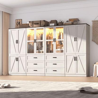 8 Doors Armoire Wardrobe Closet Freestanding with Sliding Door & Lights | Brown | Chartustriable