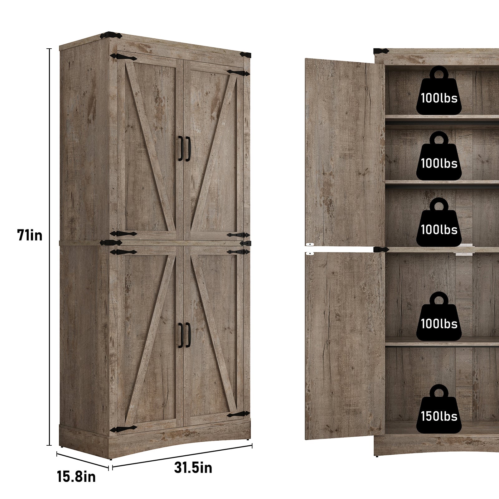 71" Farmhouse Pantry Cabinet with 4 Doors
