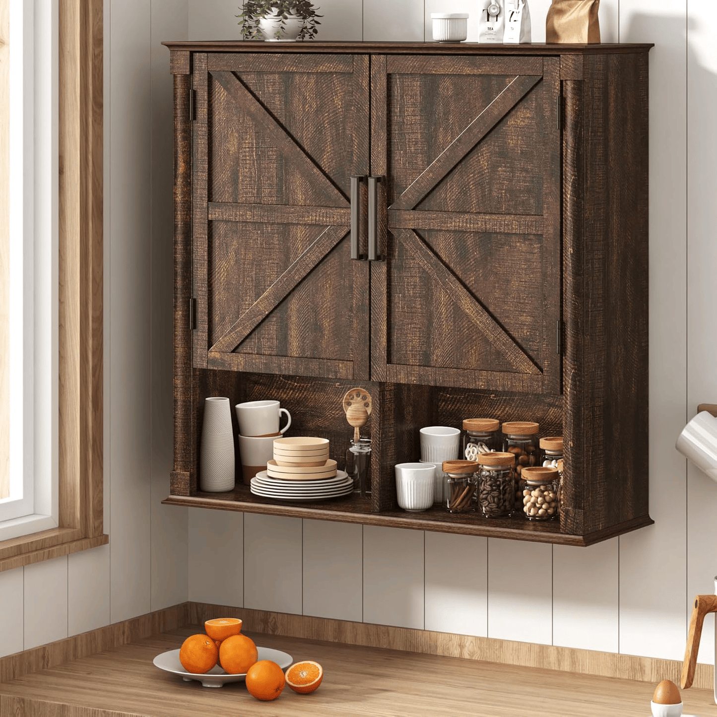 Double Wooden Storage Cabinet Wall Mounted