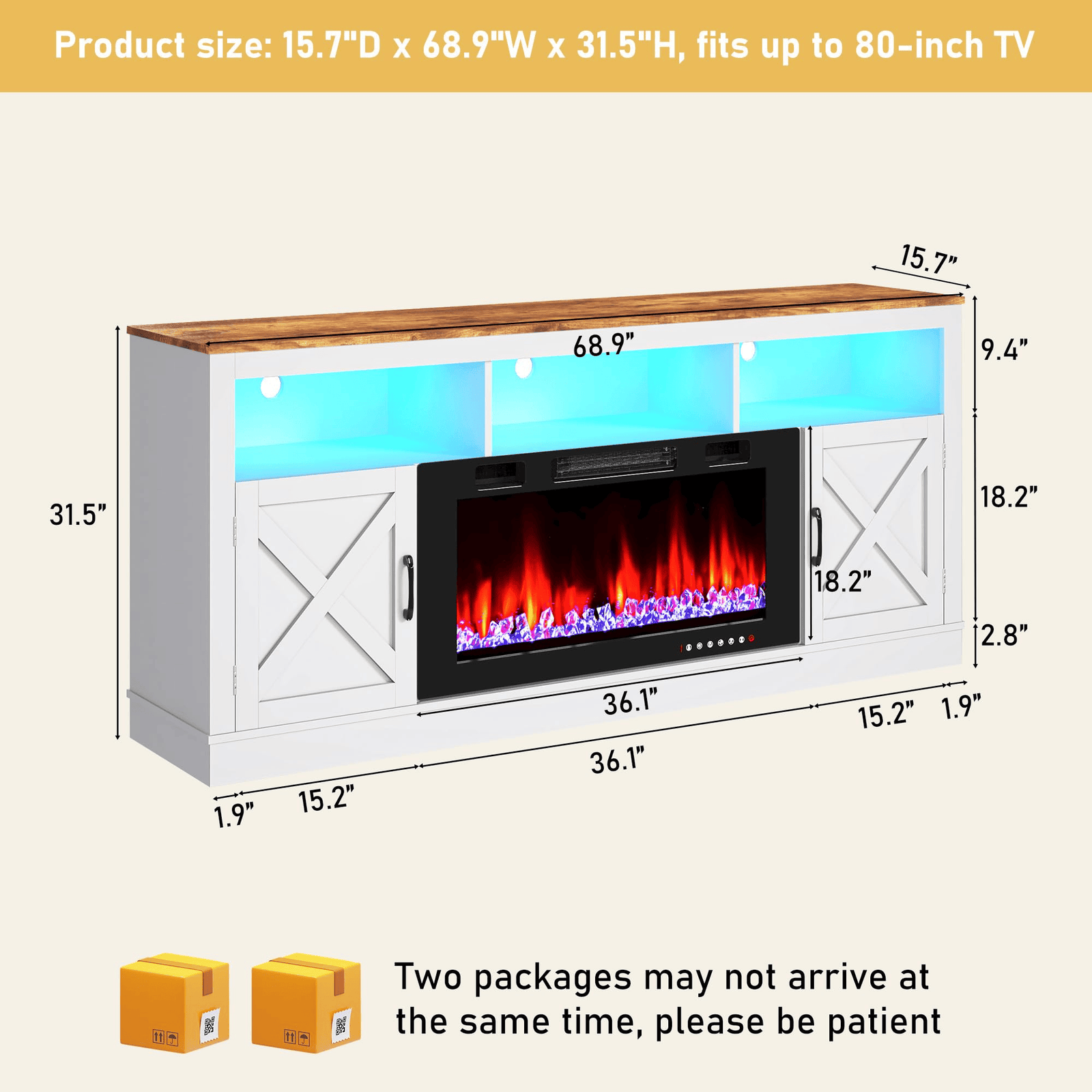 SIZE-White entertainment console with electric fireplace and wooden top, dimensions displayed.