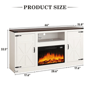 Size-White entertainment console with electric fireplace and dimensions displayed