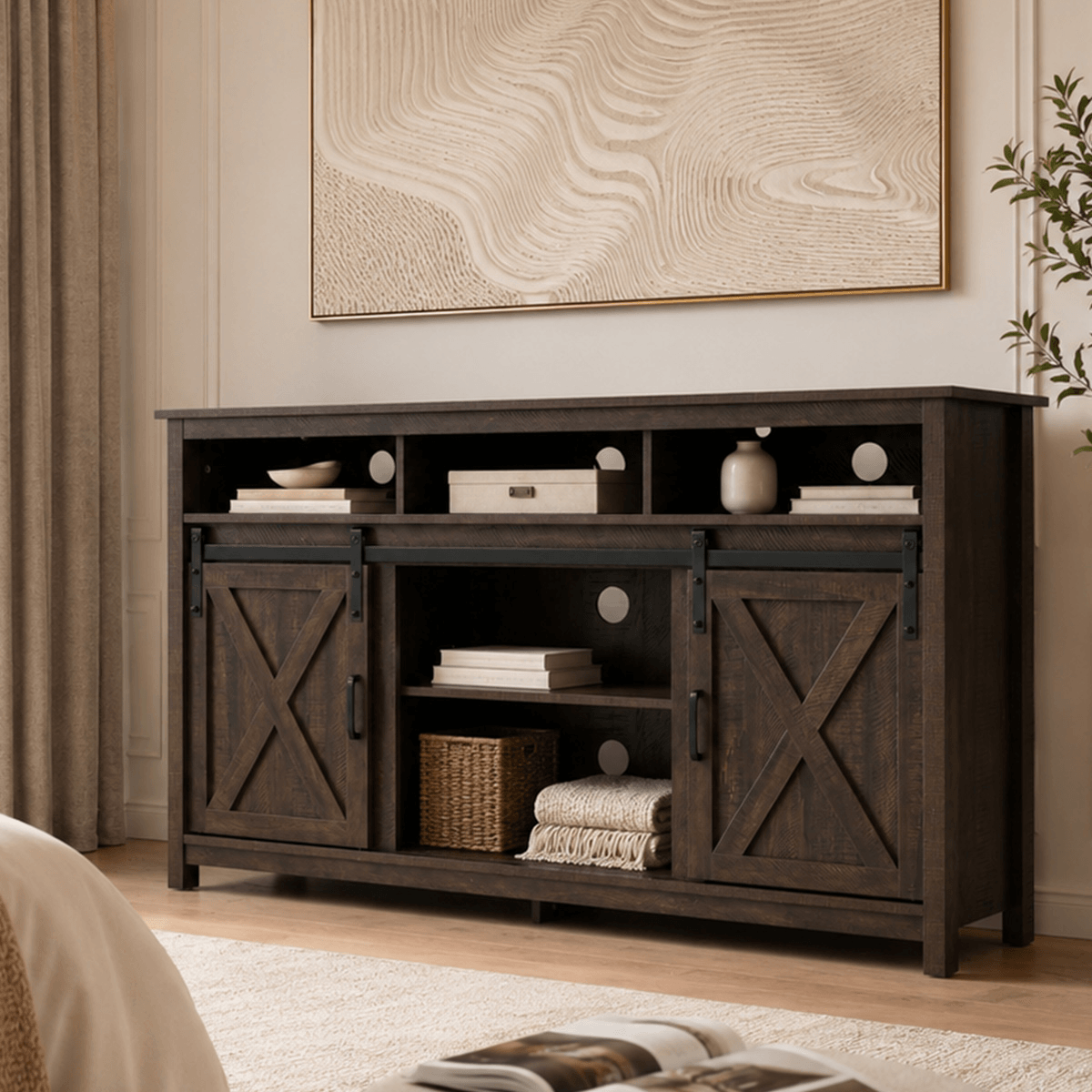 Farmhouse Coffee Bar Cabine / TV Stand with Power Outlet