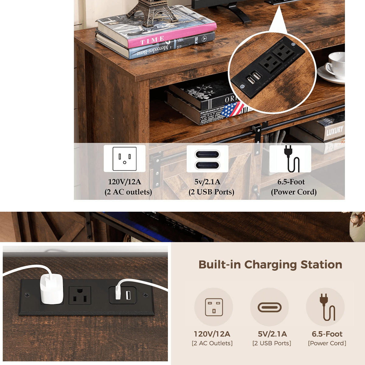 Farmhouse Coffee Bar Cabine / TV Stand with Power Outlet