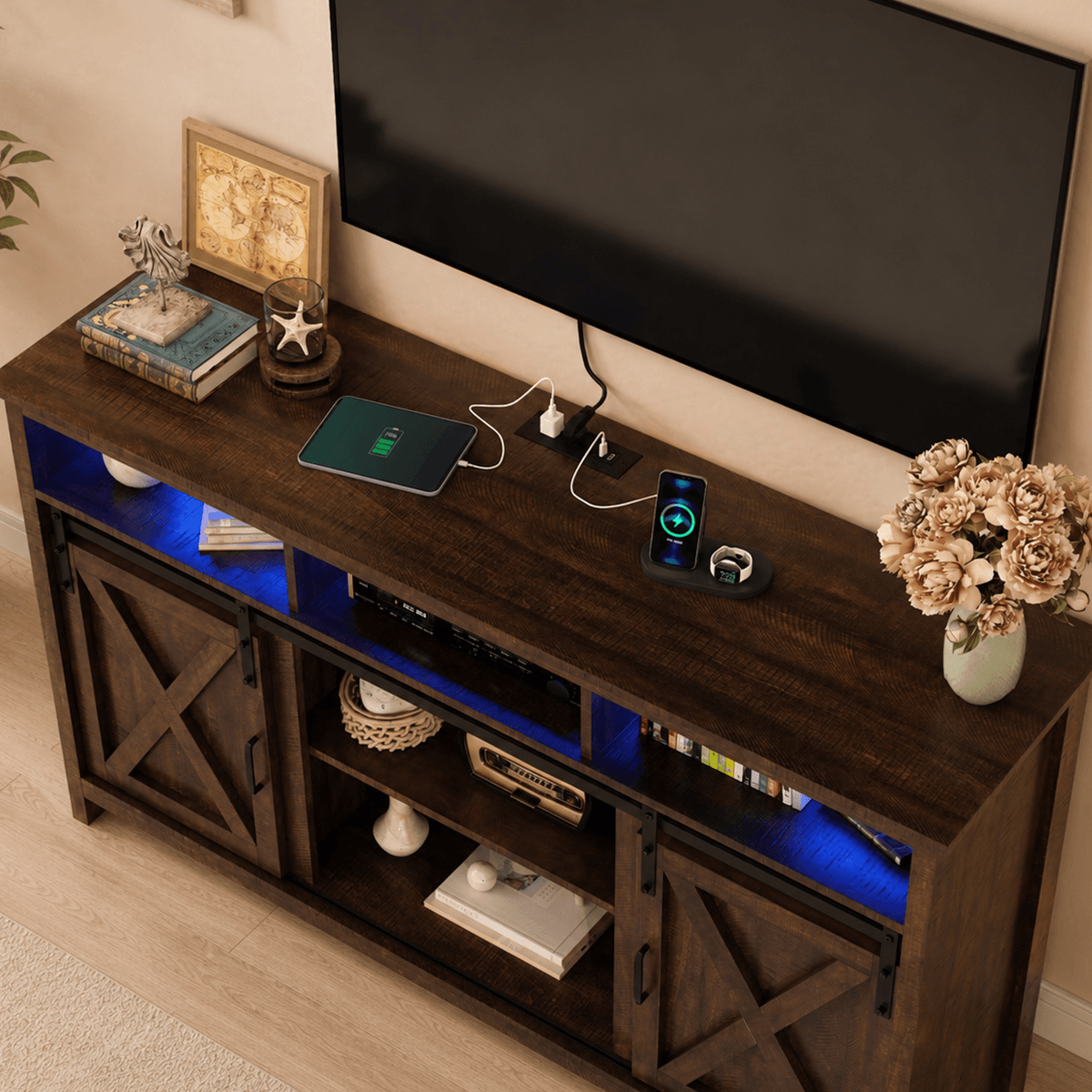 Farmhouse Coffee Bar Cabine / TV Stand with Power Outlet