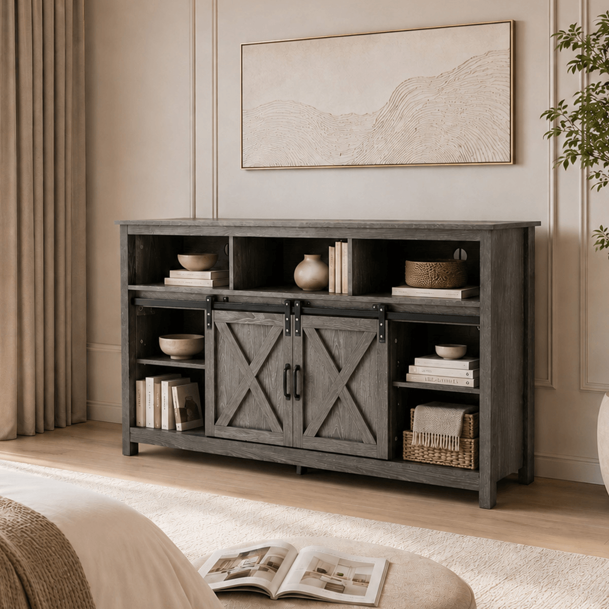 Farmhouse Coffee Bar Cabine / TV Stand with Power Outlet