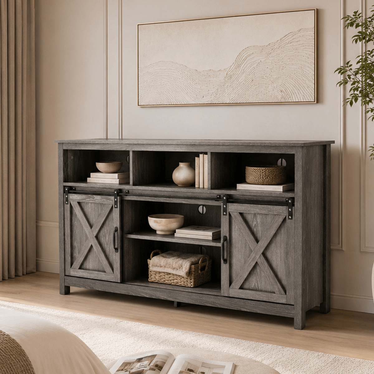 Farmhouse Coffee Bar Cabine / TV Stand with Power Outlet