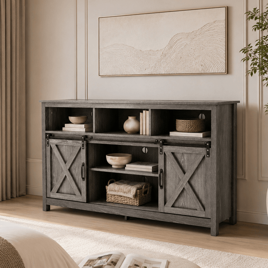 Farmhouse Coffee Bar Cabine / TV Stand with Power Outlet