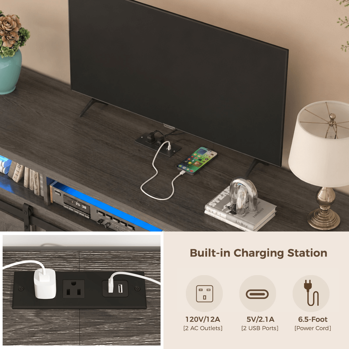 Farmhouse Coffee Bar Cabine / TV Stand with Power Outlet