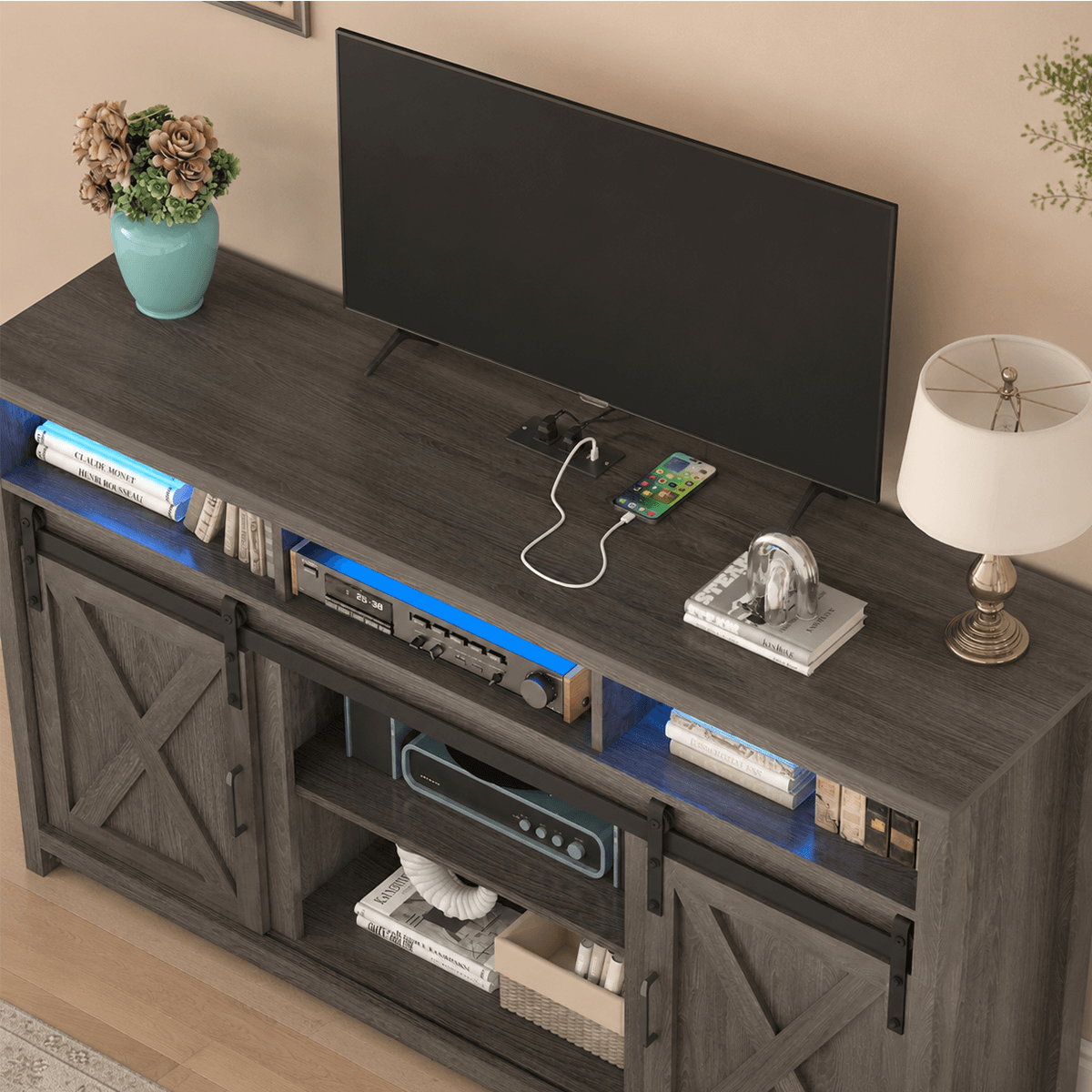 Farmhouse Coffee Bar Cabine / TV Stand with Power Outlet