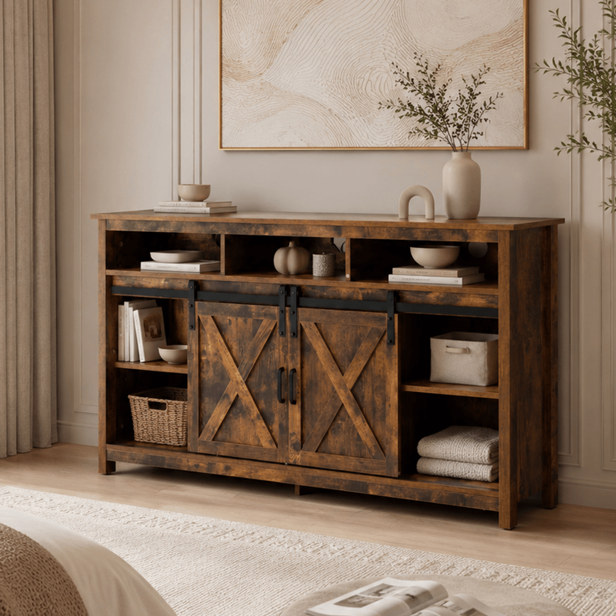 Farmhouse Coffee Bar Cabine / TV Stand with Power Outlet