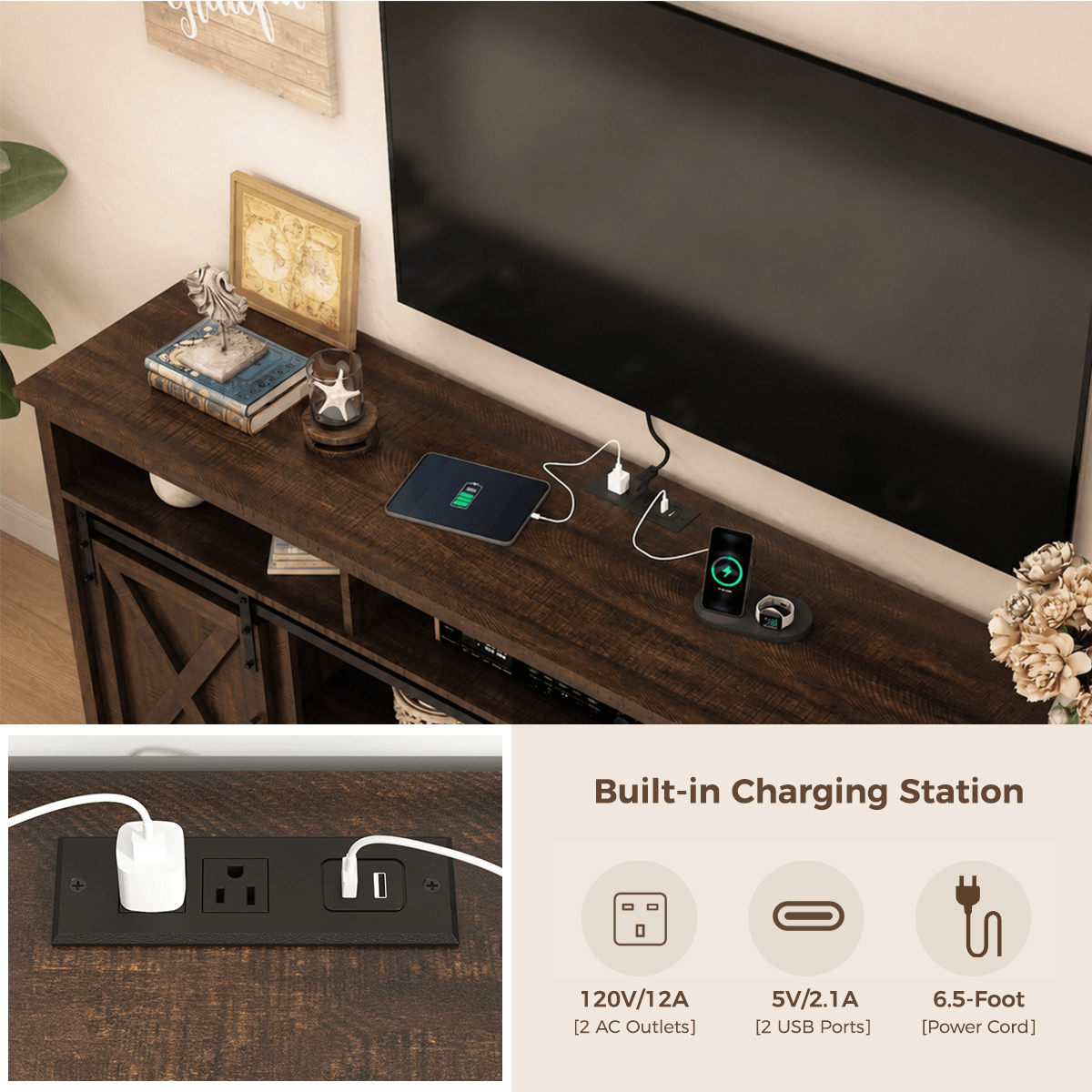 Farmhouse Coffee Bar Cabine / TV Stand with Power Outlet