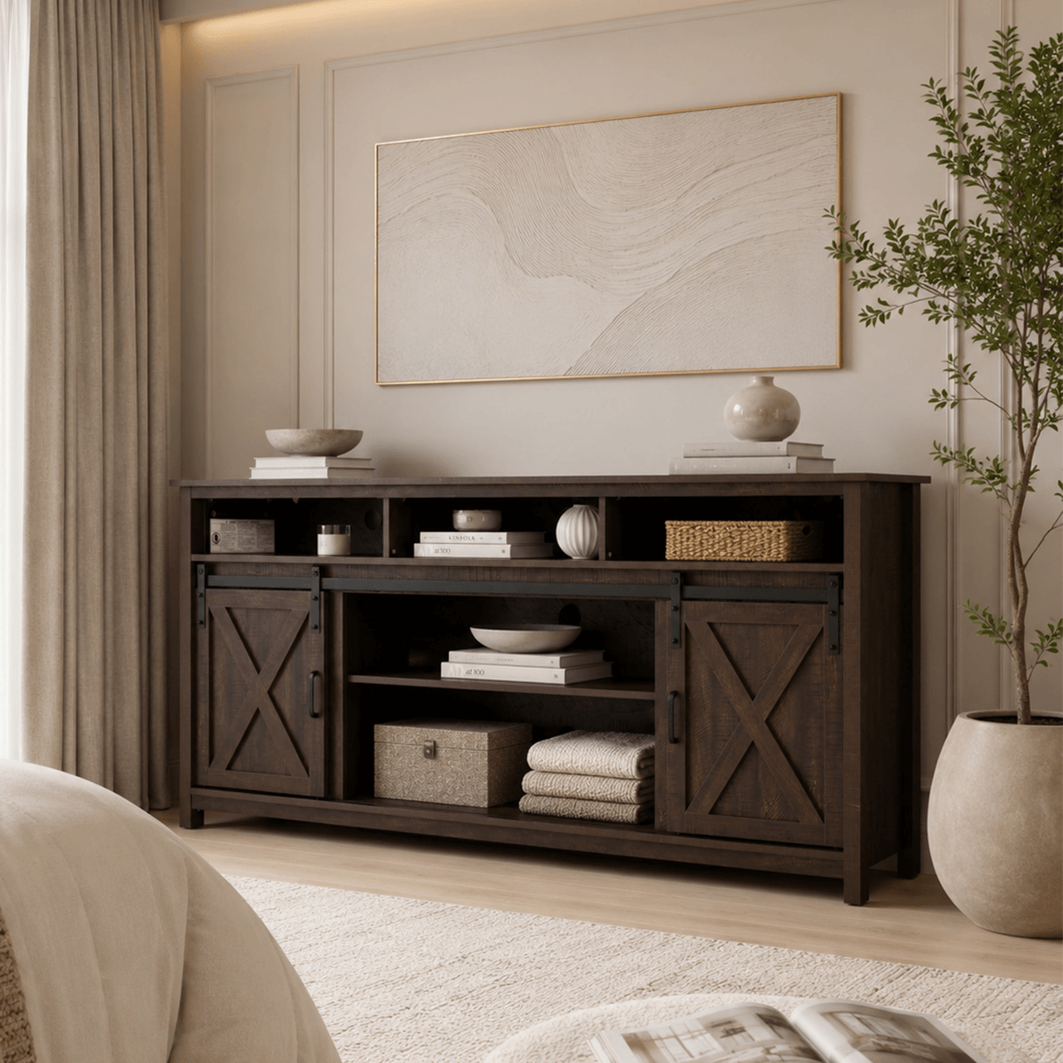 Farmhouse Coffee Bar Cabine / TV Stand with Power Outlet