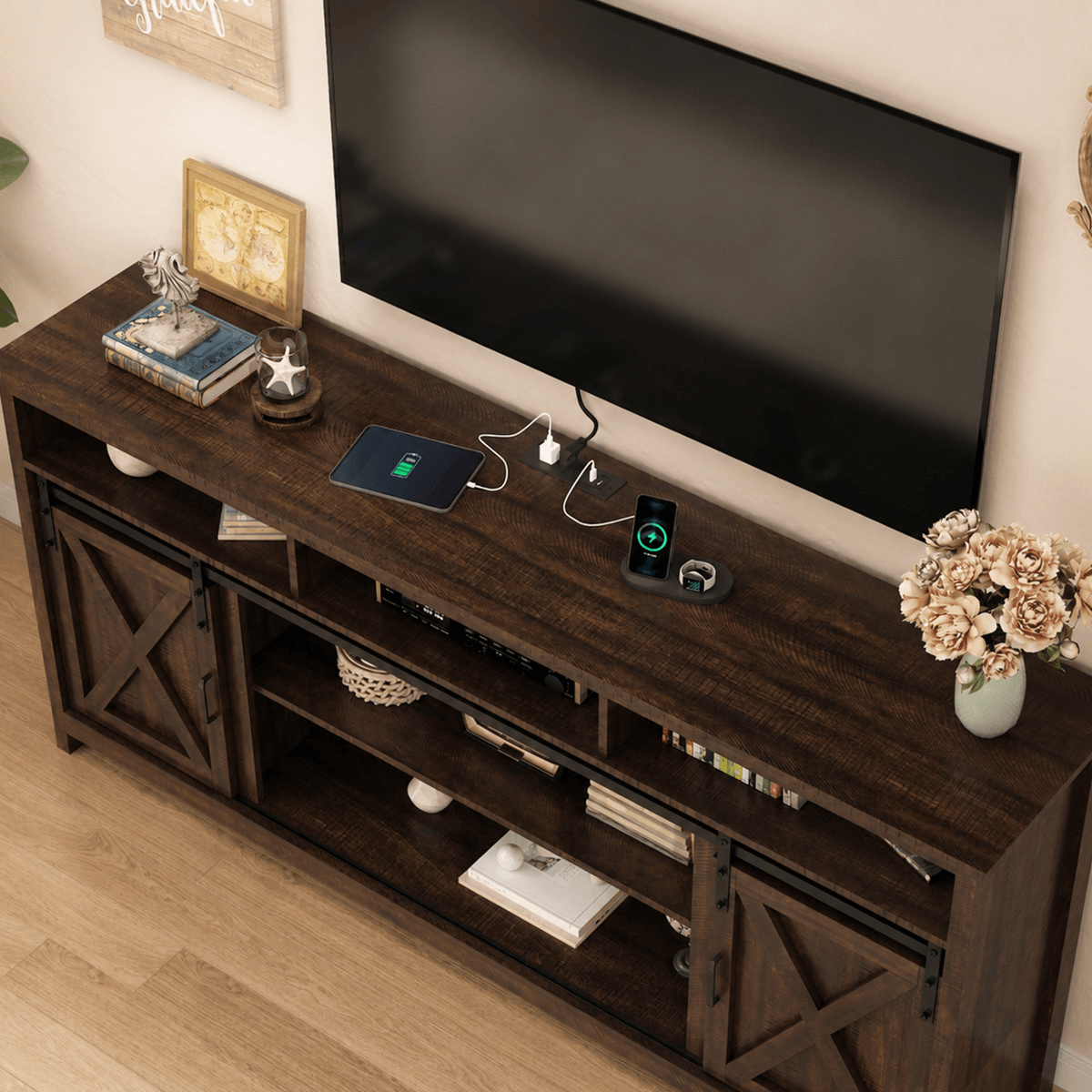 Farmhouse Coffee Bar Cabine / TV Stand with Power Outlet