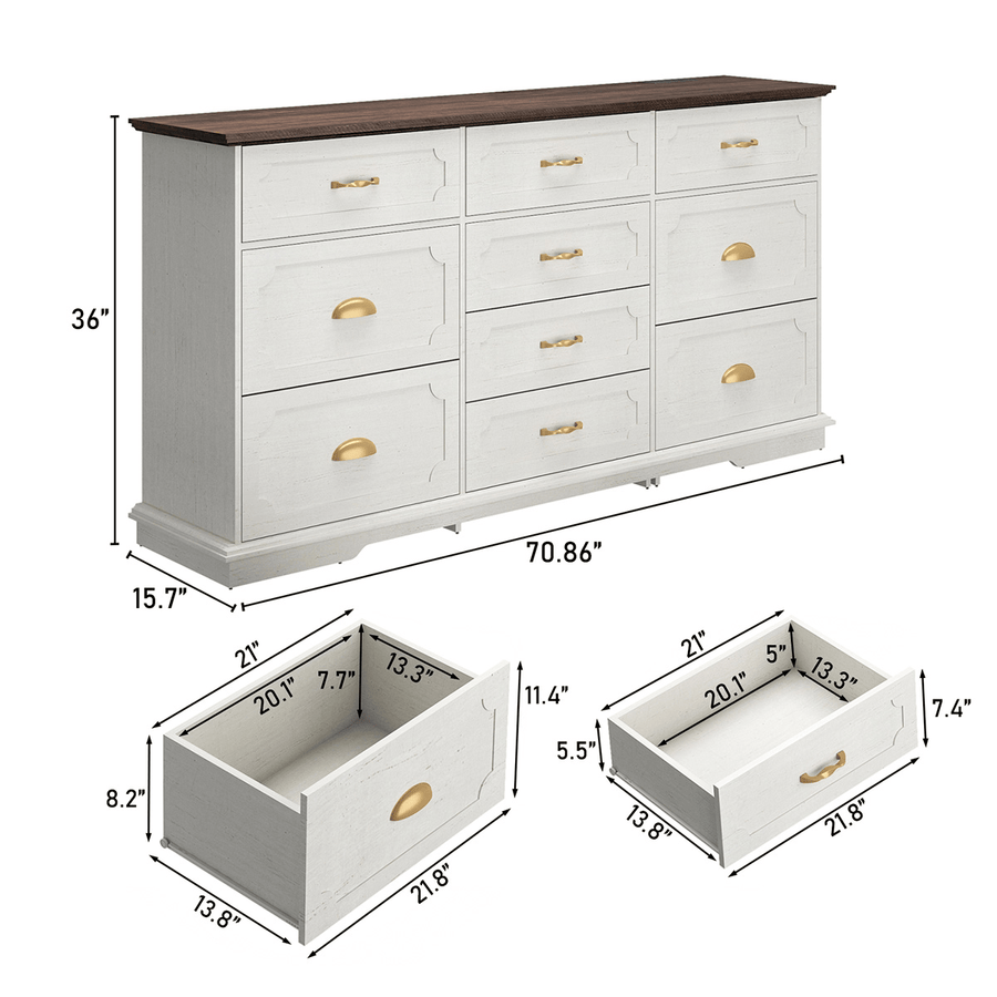 70inch Dresser with 10 Drawer Dresser & Charging Station