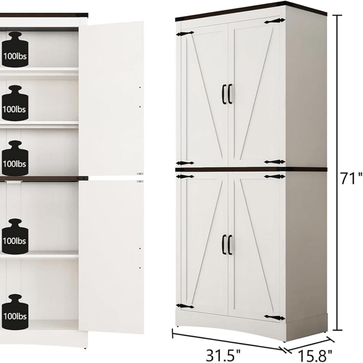 71in Farmhouse Kitchen Pantry Cabinet Tall Storage Cabinet with 4 Doors