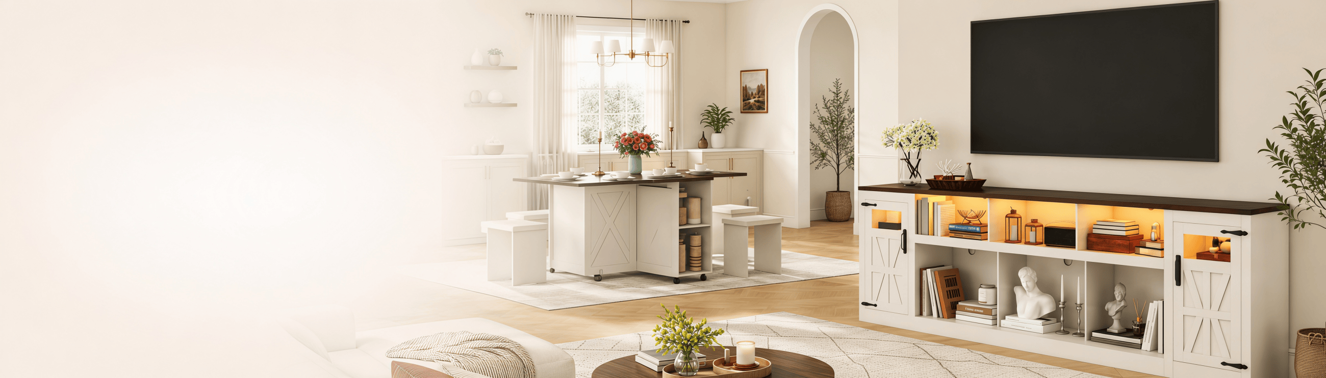 Farmhouse furniture in a warm living room
